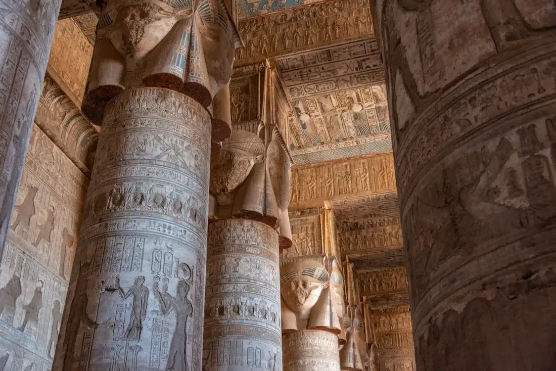 Hathor-headed columns at Dendera